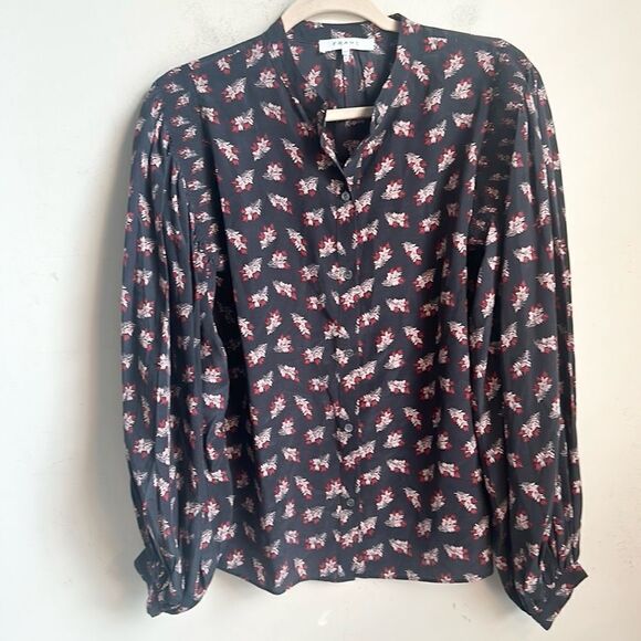 FRAME 100% SILK SMOCKED NOIR MULTI BLOUSE. S - Picture 2 of 8